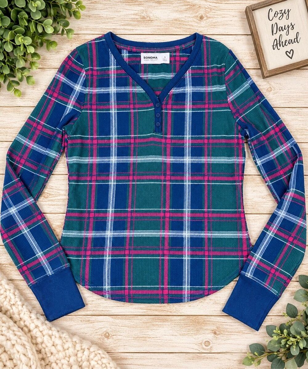 Sonoma Goods For Life Small Plaid Henley Sleepwear Top Green Blue Pink Long Slee